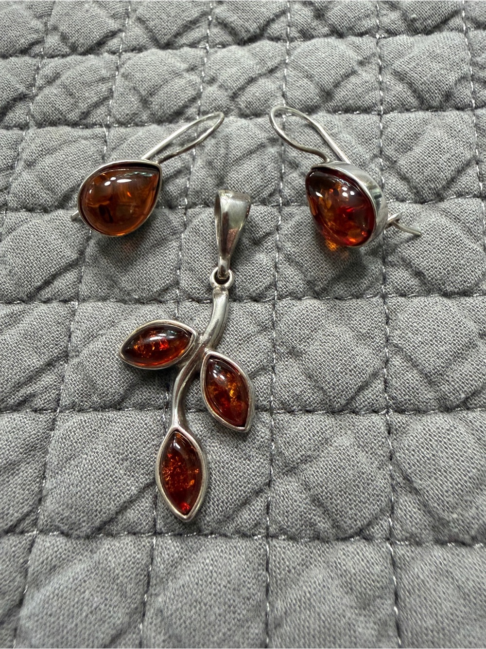 Sterling Silver Amber Leaf Pendant & Drop Earrings Set - Brown Amber